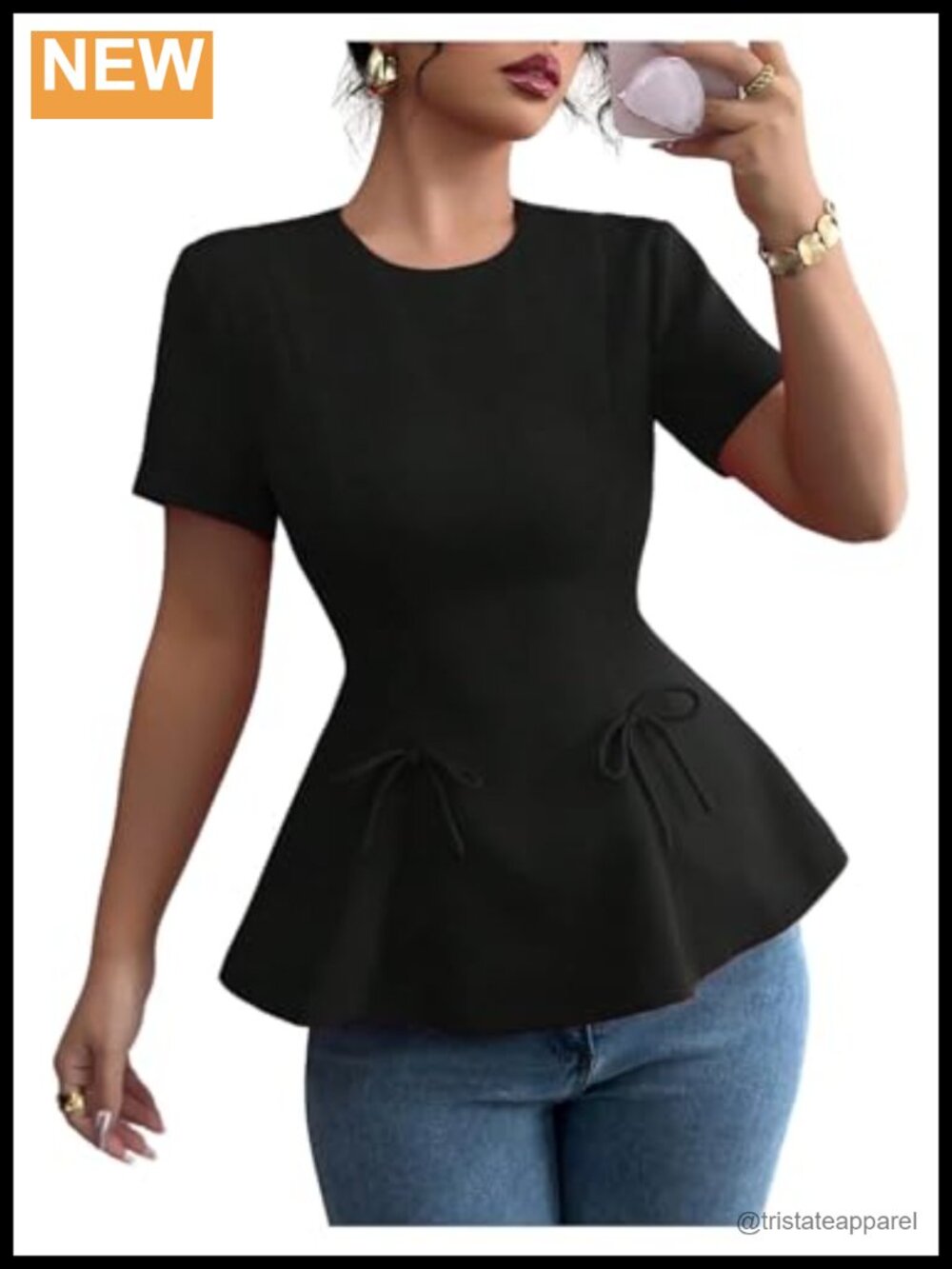 Short Sleeve Bow Peplum Blouse Crew Neck Flare Hem Dressy Casual Top